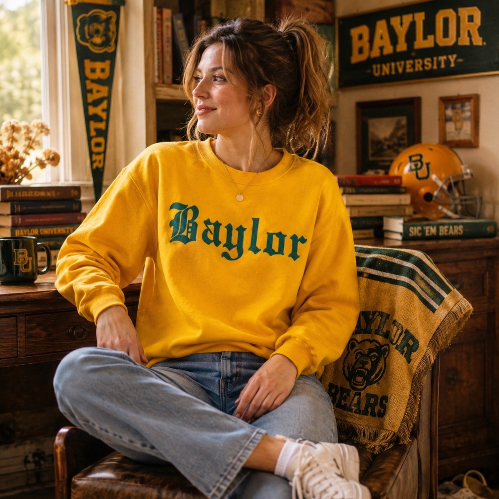 Vintage Kajee Baylor University Yellow Sweatshirt Green Old English Logo Medium